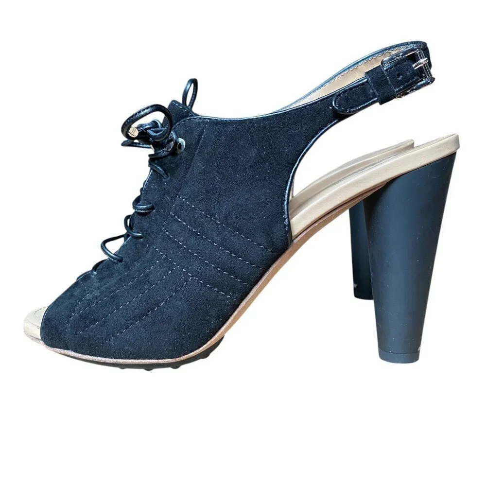 Tod’s Lace Up Peep Toe Slingback Lug Sole Heels Quilted Suede Leather - Size 40